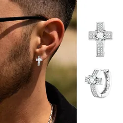 Cross Hoop Earrings for Men Boys,Hip Hop Big Zircon Huggies Earrings,Cool Rap Trendy Jewelry Gifts