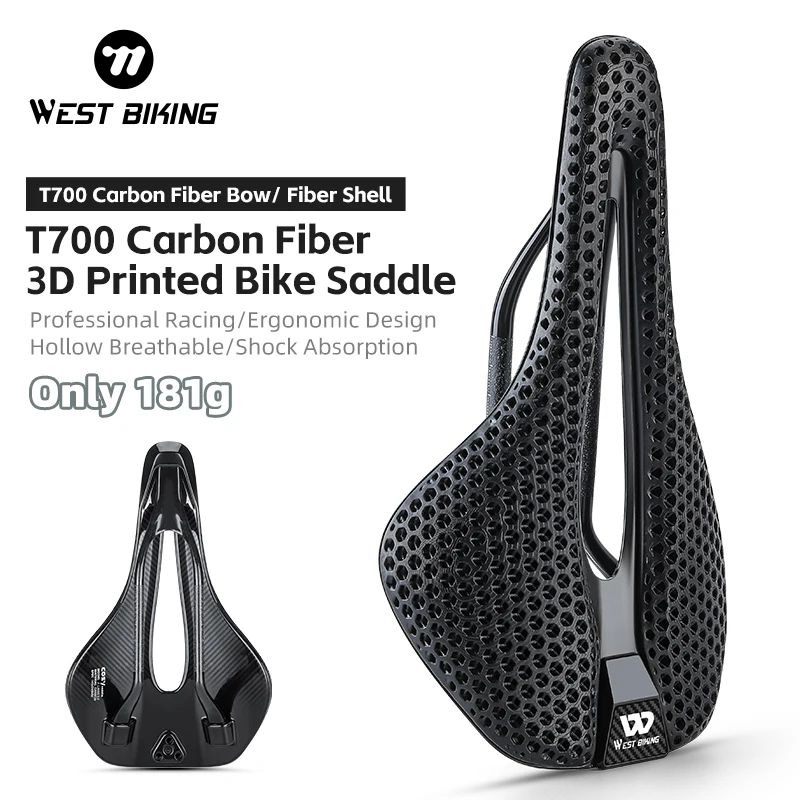 WEST BIKING Ultralight  T700 Carbon Fiber 3D Printed Bike Saddle Triathlon Hollow Breathable Shock Absorption Cushion Bike Parts