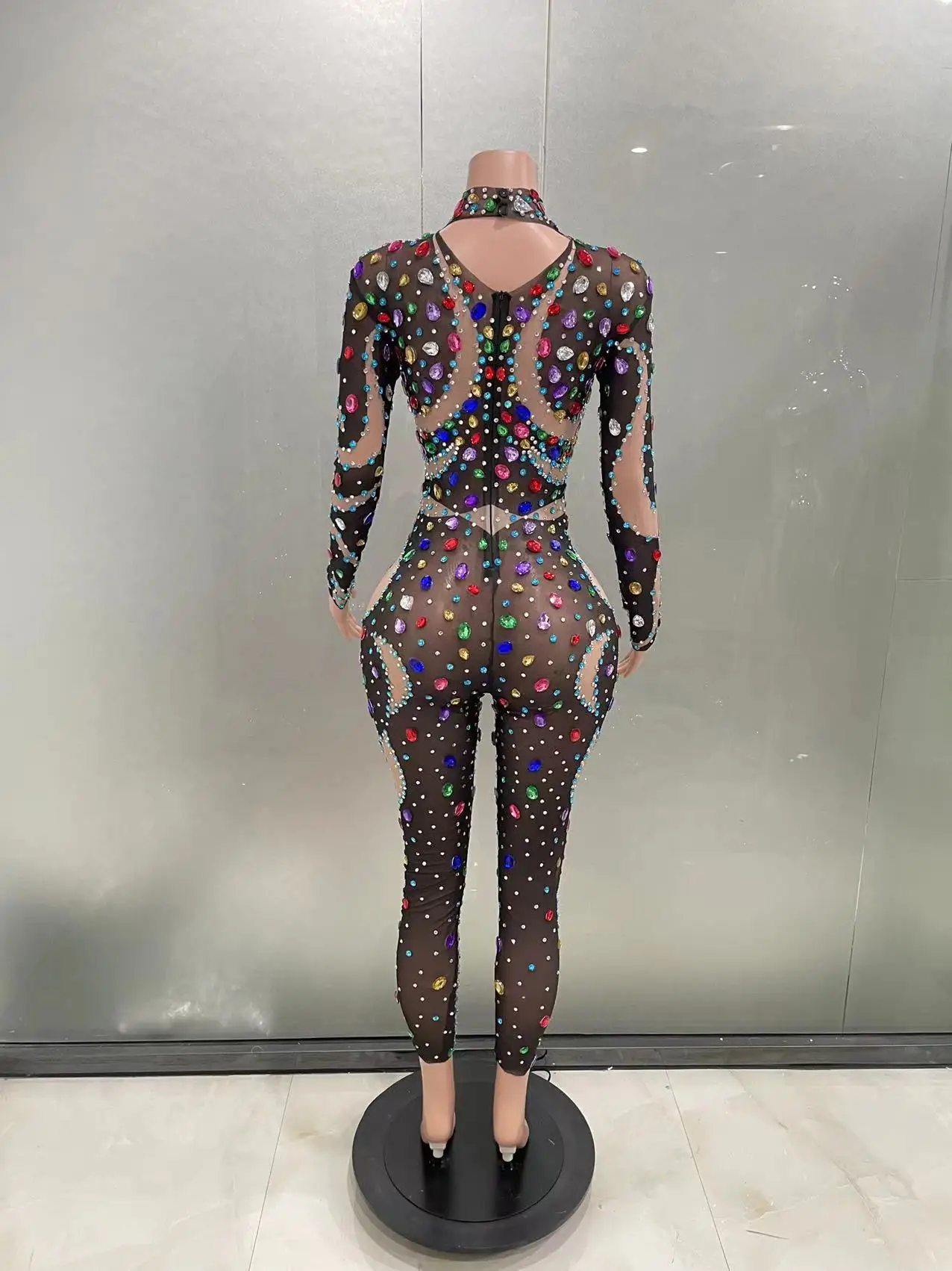 STOCK Sexy Evening Party Birthday Outfit Celebrate luxurious Colorful Rhinestones Black Jumpsuit Sexy Dance Outfit Bodysuit