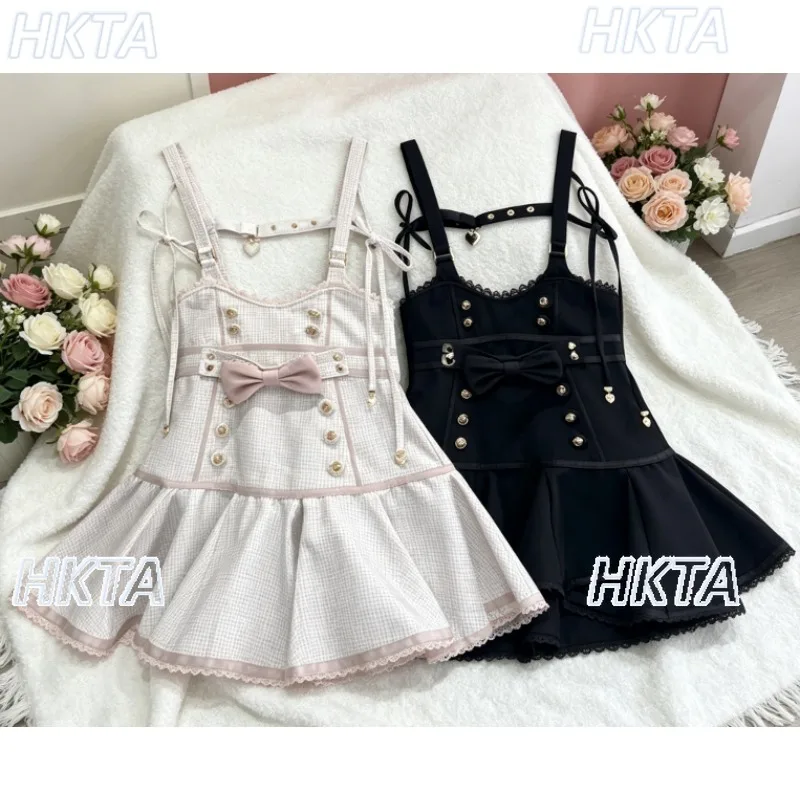 Japanese Jirai Kei Printing Bow Suspender Skirt 2026 Autum New Plaid Skirts Preppy Style Hip A-line Fishtail Skirt for Women