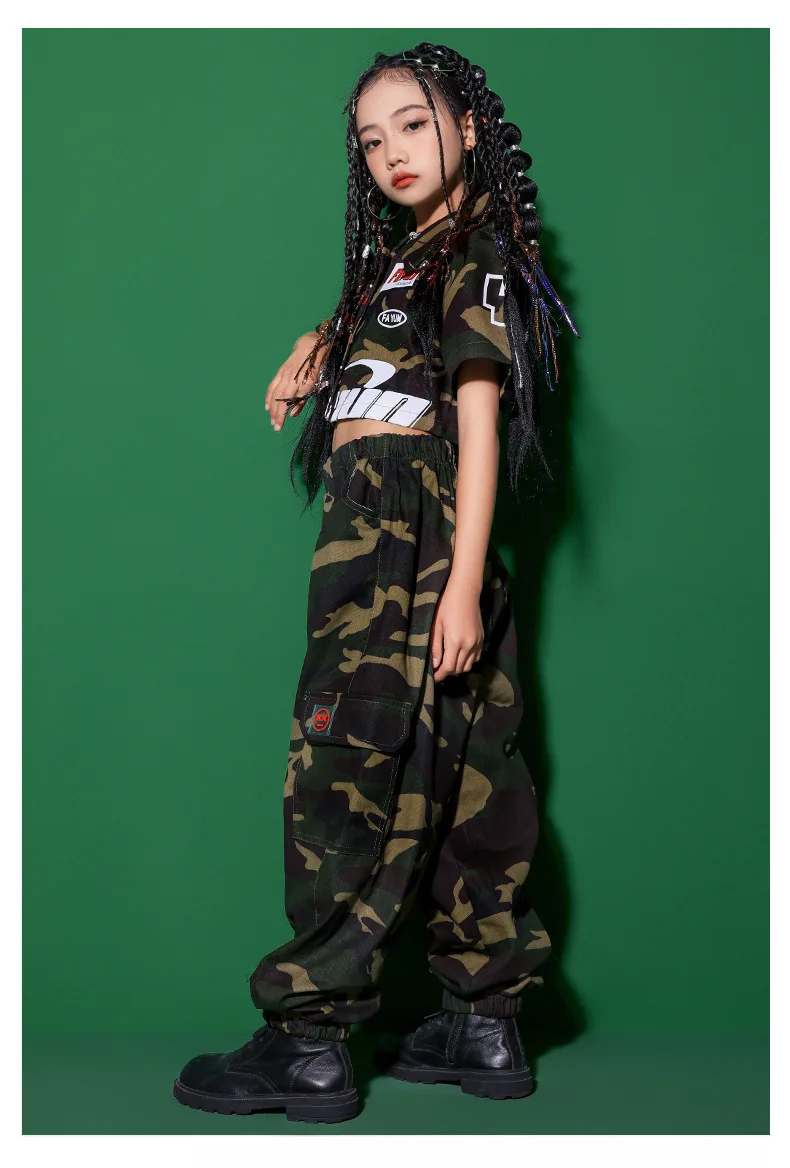 Hip Hop Mädchen Crop Kurzarm Jacke Street Dance Camouflage Hosen Kind Military Streetwear Jogger Kinder Jazz Kleidung Sets – Detail 9