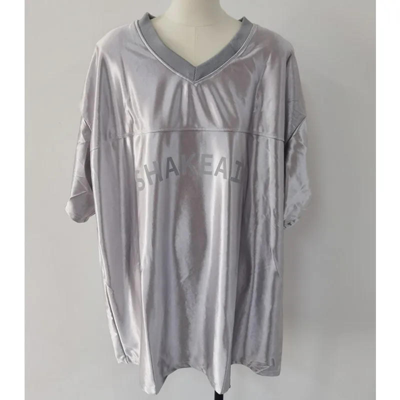 Summer V-neck Shiny Sports Large Size Short-sleeved T-shirt Men Loose Casual Personality Tops Street Dance Hip-hop Men T-shirts