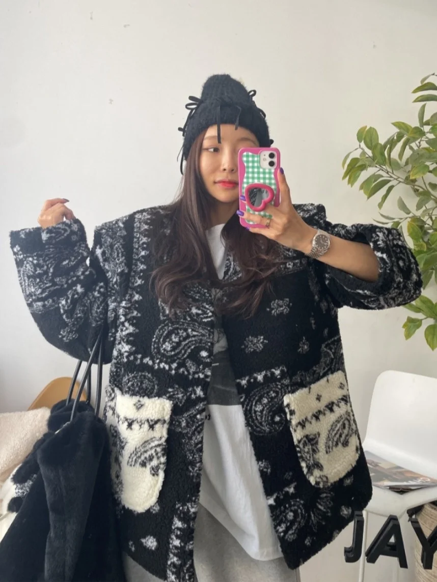 Cashew Flower Lamb Fur Cotton Jacket Women's Korean Style Outerwear Spring Autumn Winter Soft Medium Thickness Casual Streetwear