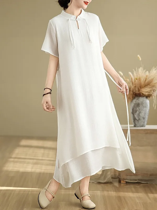 Verão novo estilo chinês retro aodão linho vestido de manga curta f gola dupla camada  saia midi vestido