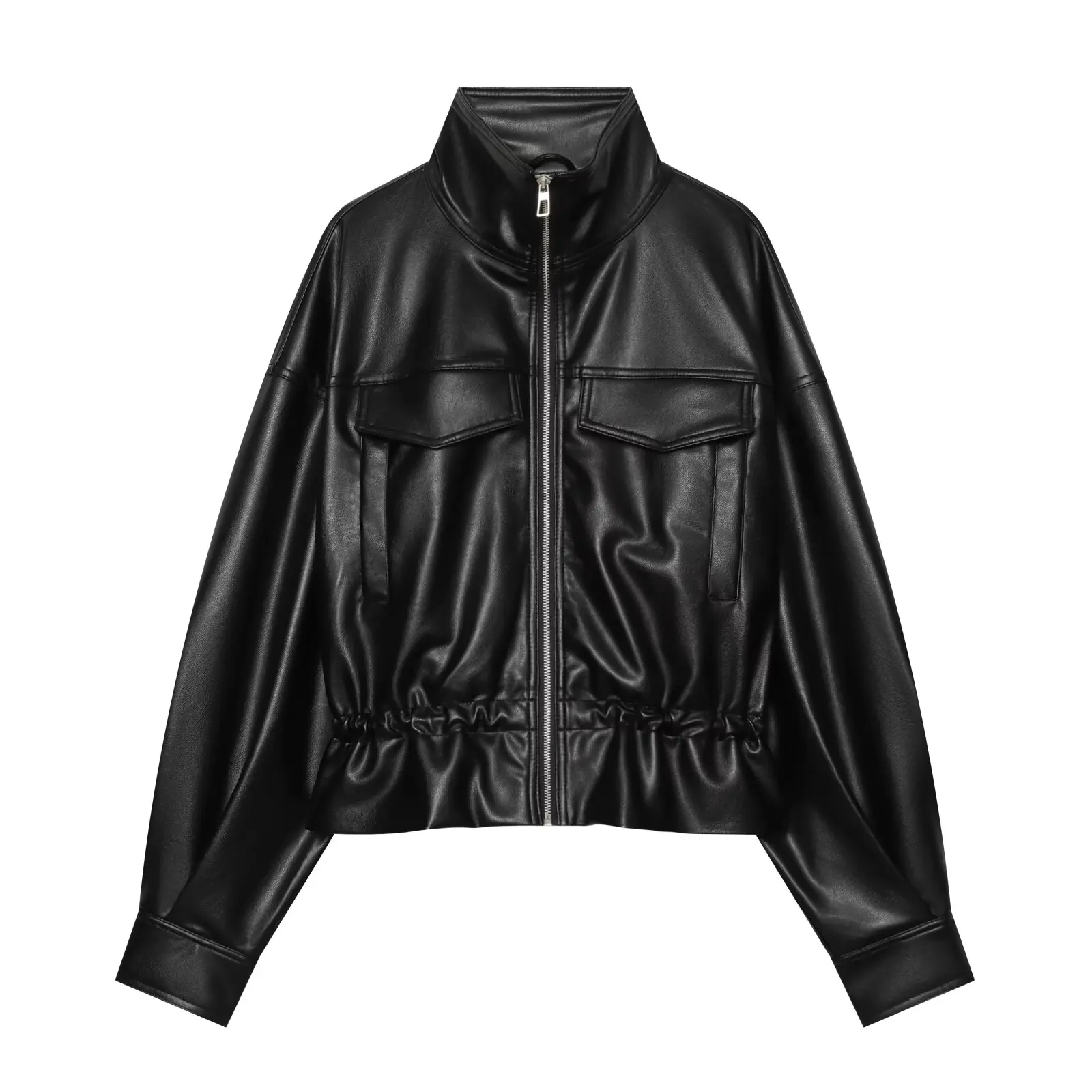 Fall New Style ZR Women's Fashion Leather Effect Jacket Stand Collar Waist Cinched Windproof Short Outerwear for Ladies