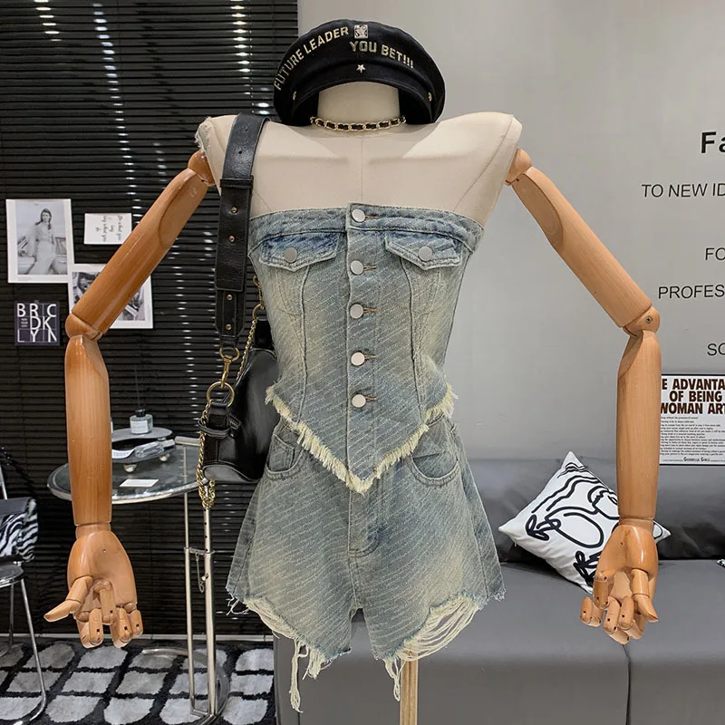 

Women's Two-pieces Denim Set 2024 Summer New Collection Back Stretch Tank Tops High Waist Shorts Sets Female