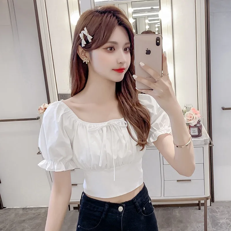 Sweet Bow Design Blouses Women Summer Lovely Puff Sleeve Casual Crops Fashion Korean Style Temperament New Slim All-match Blusas