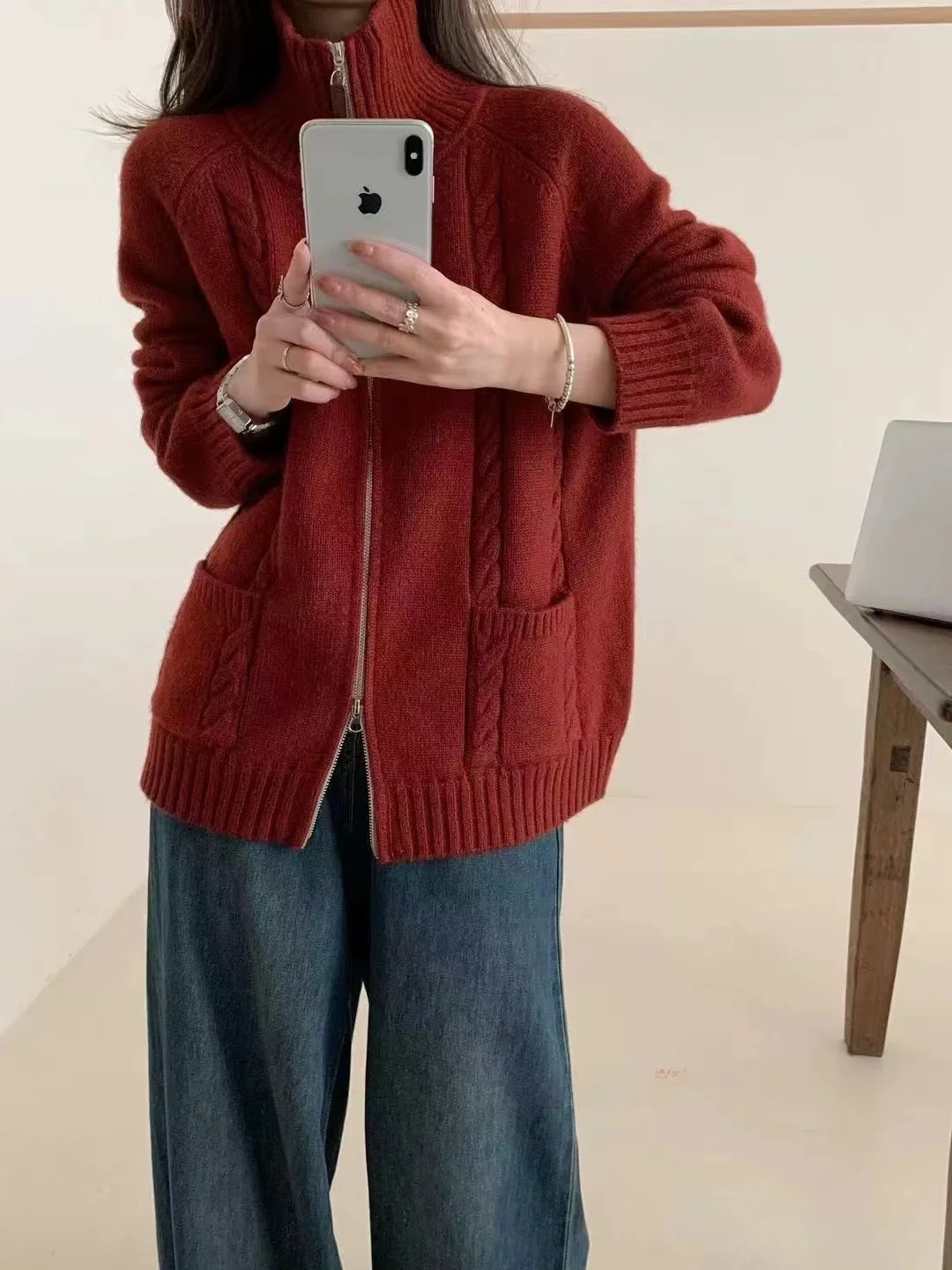 เสื้อไหมพรมถักสองชั้นแบบซิป คอสูง สไตล์เกาหลี สำหรับฤดูใบไม้ร่วงและฤดูหนาว สีพื้น เสื้อคลุมไหมพรมถัก