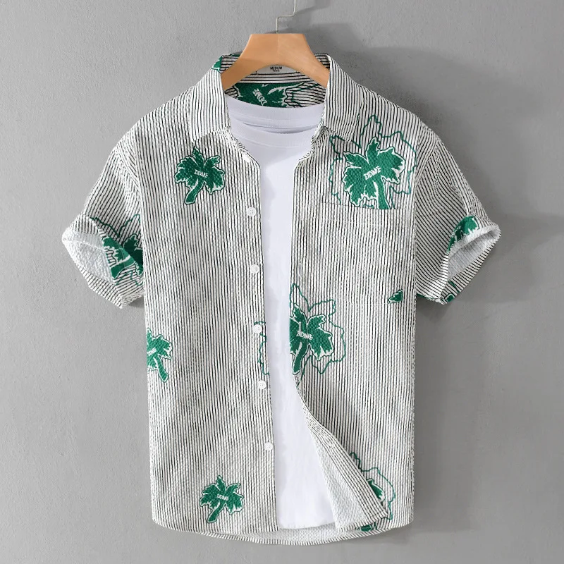 

720 Bubble Pleated Texture Summer Fashion Men Chic Shirts Hawaii Holiday Beach Print Lapel Blouse Short Sleeve Loose Casual Tops