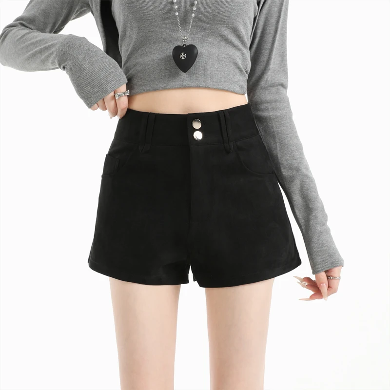 Neue 2025, Herbst Winter Feste Wildleder Shorts Alle-spiel Beiläufige Dünne A-linie Shorts Frauen Hohe Taille Femme Chic S-XL Damen Unten