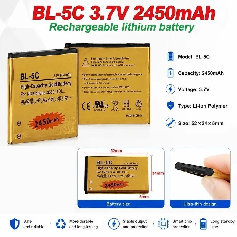 BL-5C Battery 2450mAh Li-ion Rechargeable Cell for Nokia 2600 1100 1110 1200 3110 6230 1600 Mobile Phone BL5C Replacement