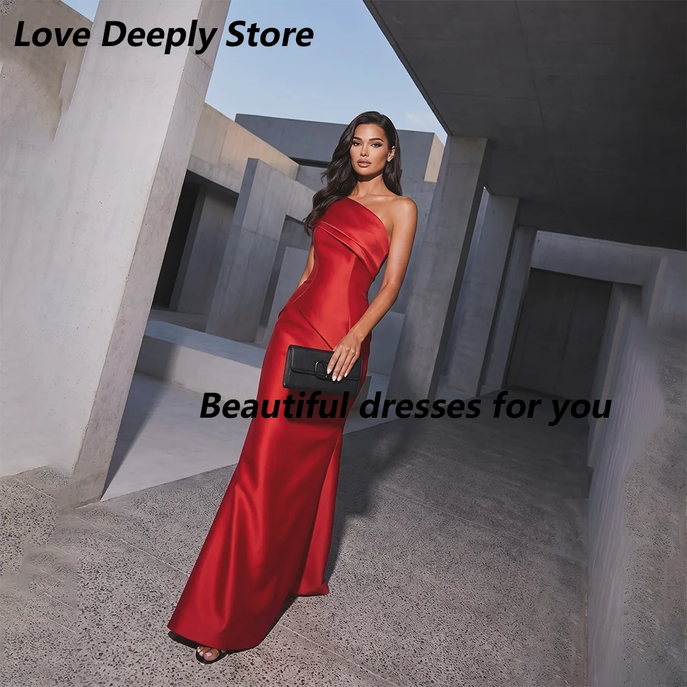 Red Evening Dress Customized One Shoulder Pleat Satin Mermaid Prom Gown Floor Length Party Dresses Wedding Guest Dress image 3