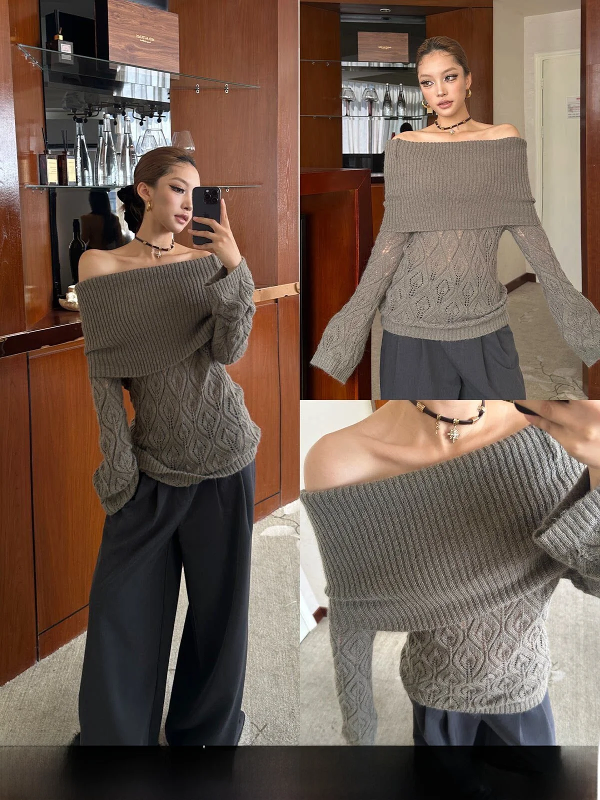 Gogo Burn Color Diamond Grid Hollow out One Shoulder Sweater Women's Autumn Irregular Design Elegance Top Korean Style