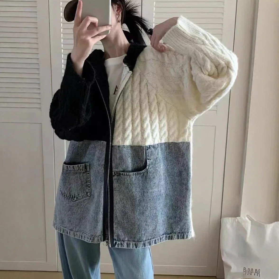

Women Denim Spliced Sweaters Cardigan Cable Knitted Jumpers Hooded Long Sleeves Zipper Loose Elegant Casual Autumn Winter 2025