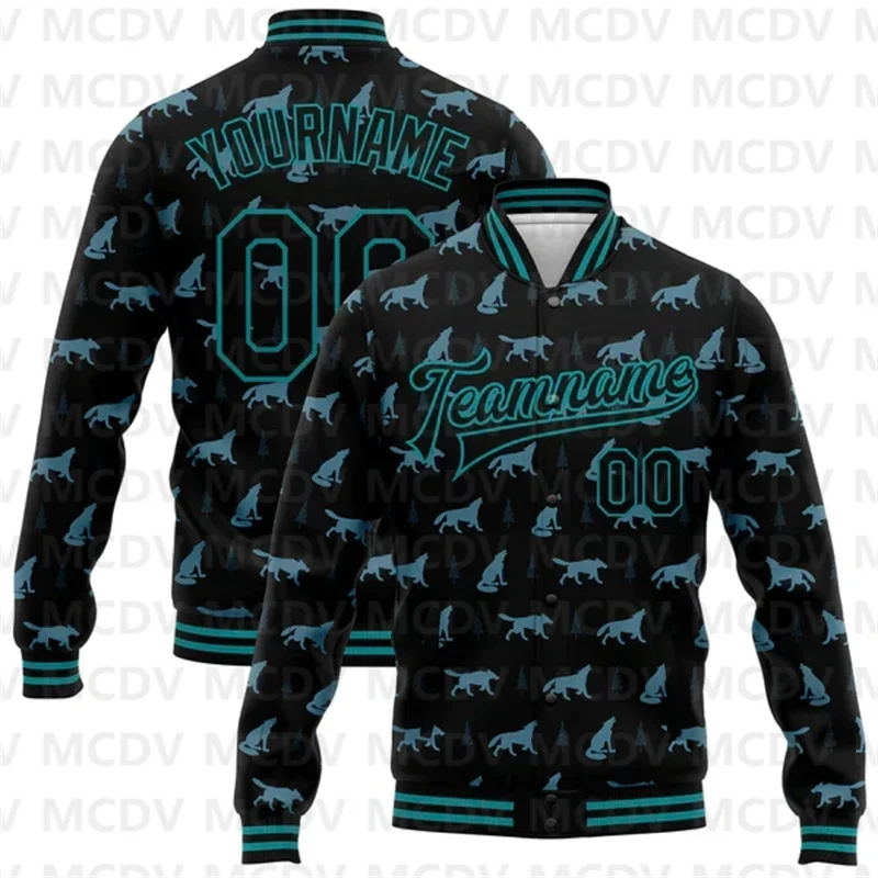 

Custom Black Teal Wolf 3D Pattern Design Bomber Full-Snap Varsity Letterman Jacket