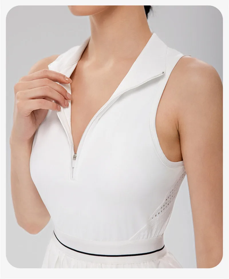 Damen-Tenniskleid mit Reißverschluss, Polokragen, integriertem BH und kurzen Ärmeln, atmungsaktives, ärmelloses Golf- und Sportkleid, schnelltrocknend, dehnbar, ideal für sportliche Aktivitäten. – Detail 3