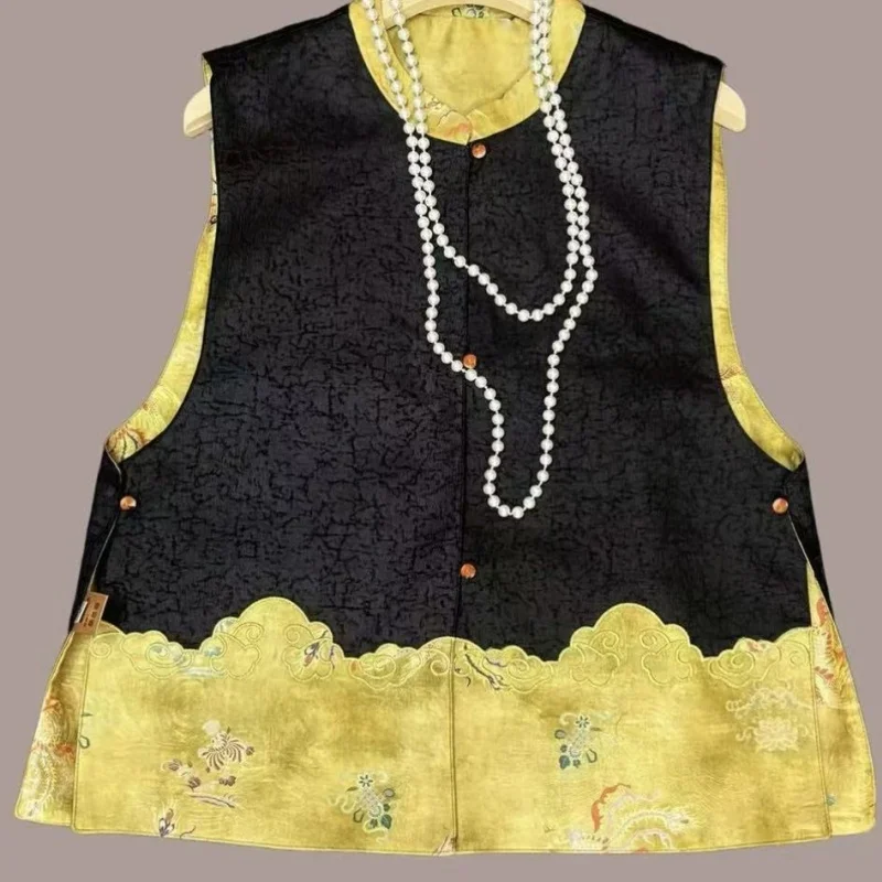 Style chinois réversible broderie gilet sans manches femmes printemps automne épissage veste Satin gilet femmes Satin hauts