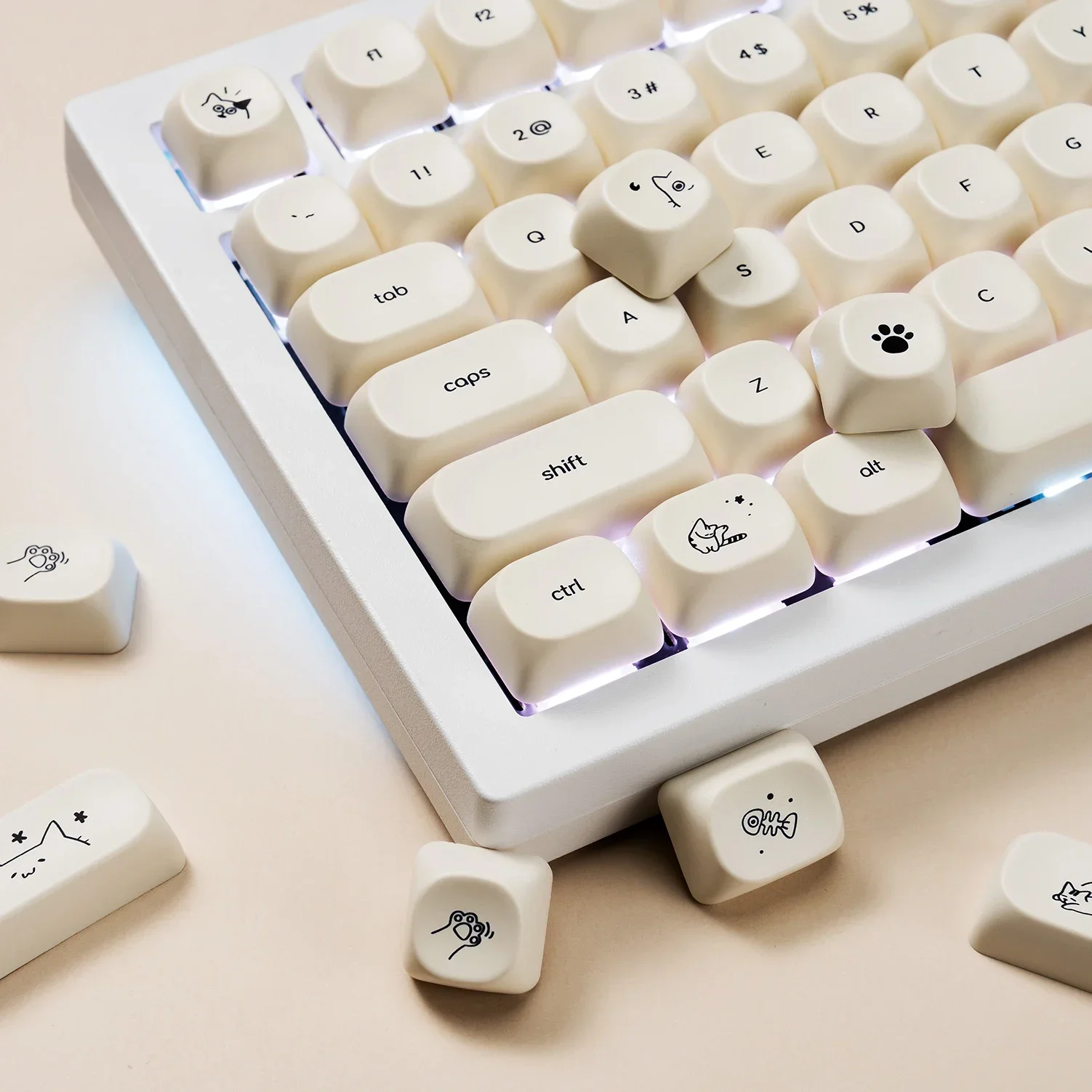 Simple Milky White Cute Cat Dog Theme Keycap 124Keys PBT Sublimation MOA Profile Round Ball Caps DIY Mechanical Keyboard Keycaps