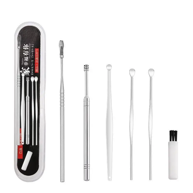 6 Pcs Stainless Steel Ear Wax Removal Kit Ergonomic with Portable Storage Bag for Home Travel Ear Care