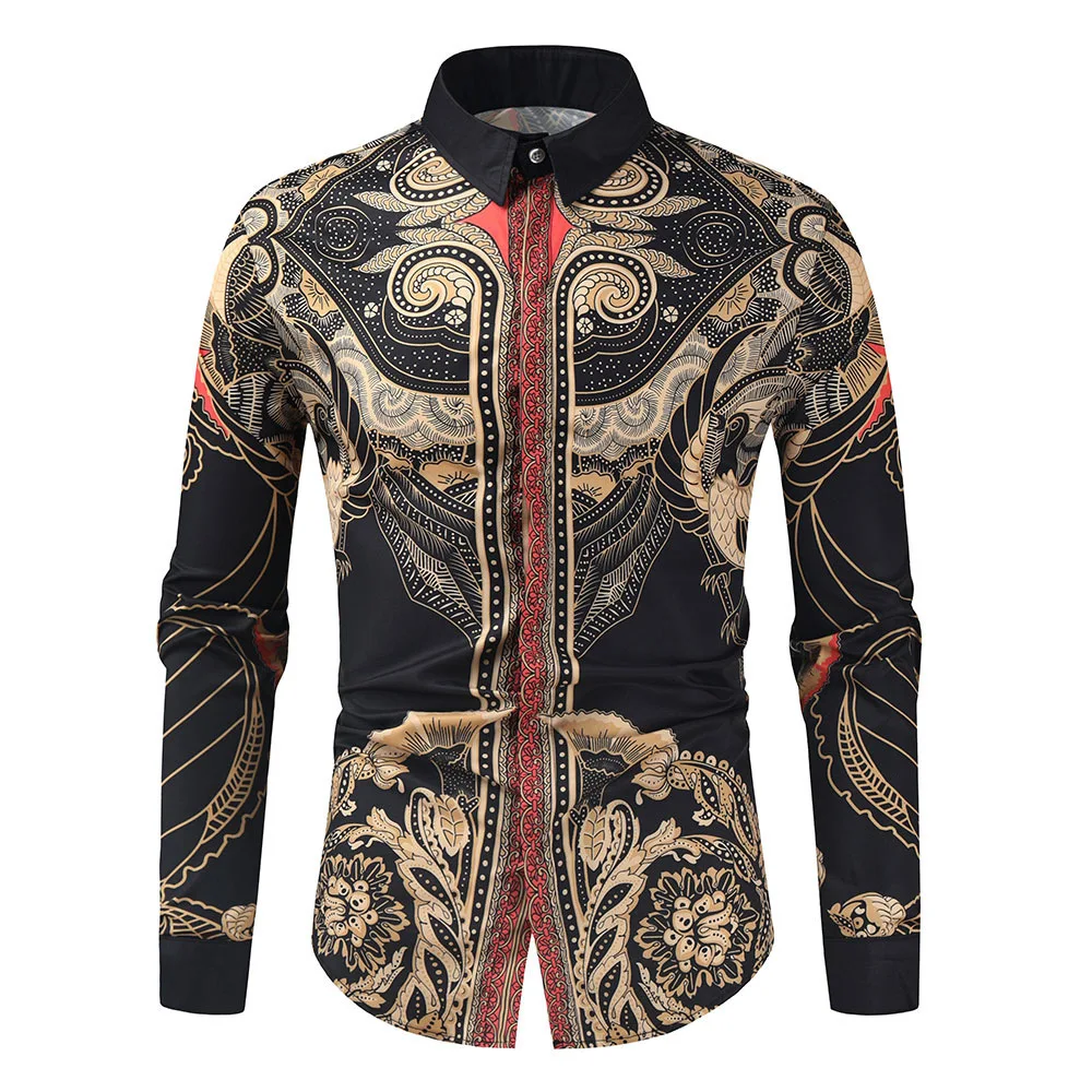 2025 men's fashionable tribal totem print pattern casual high-quality men's long sleeved shirt luxurious high-quality shirt