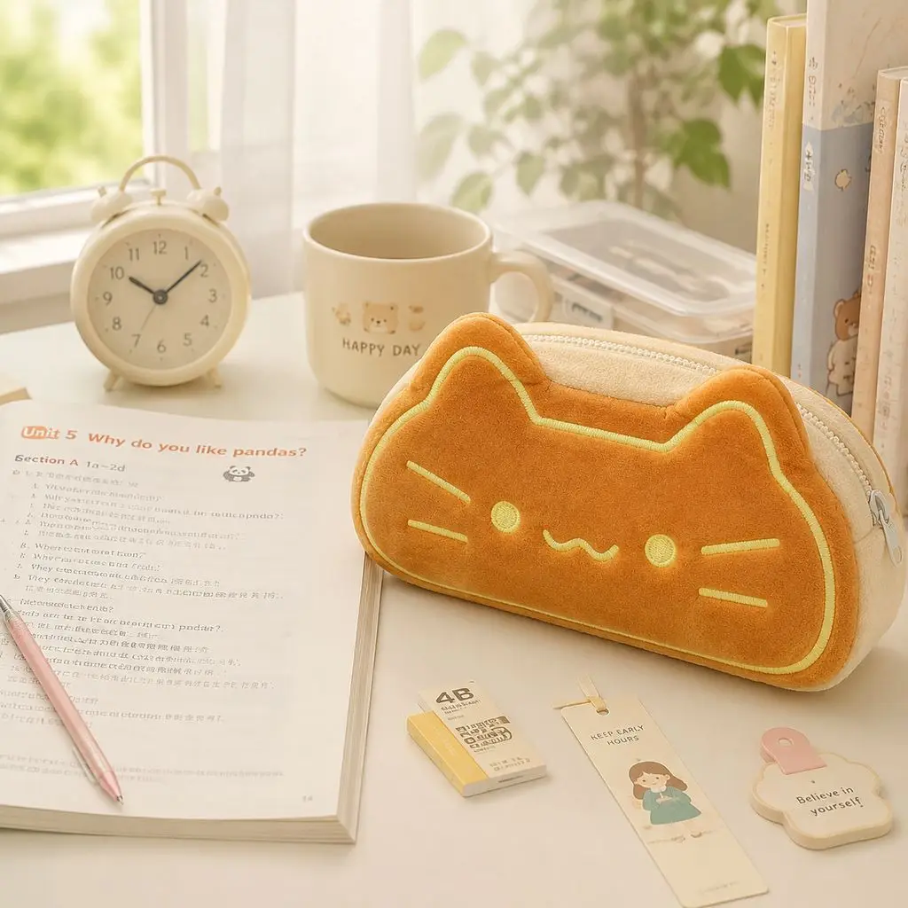 Estojo de Pelúcia Gato Kawaii Portátil para Material Escolar, Estojo Estético Ideal para Presentes de Amantes de Capivara