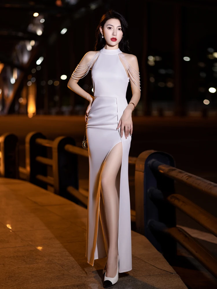 

Ele Fi Tail Long Evening Gown Sexy Tassel High End Luxury Lady's Dr Knitted Fabric Pure Color mid Waist Zipper Sle