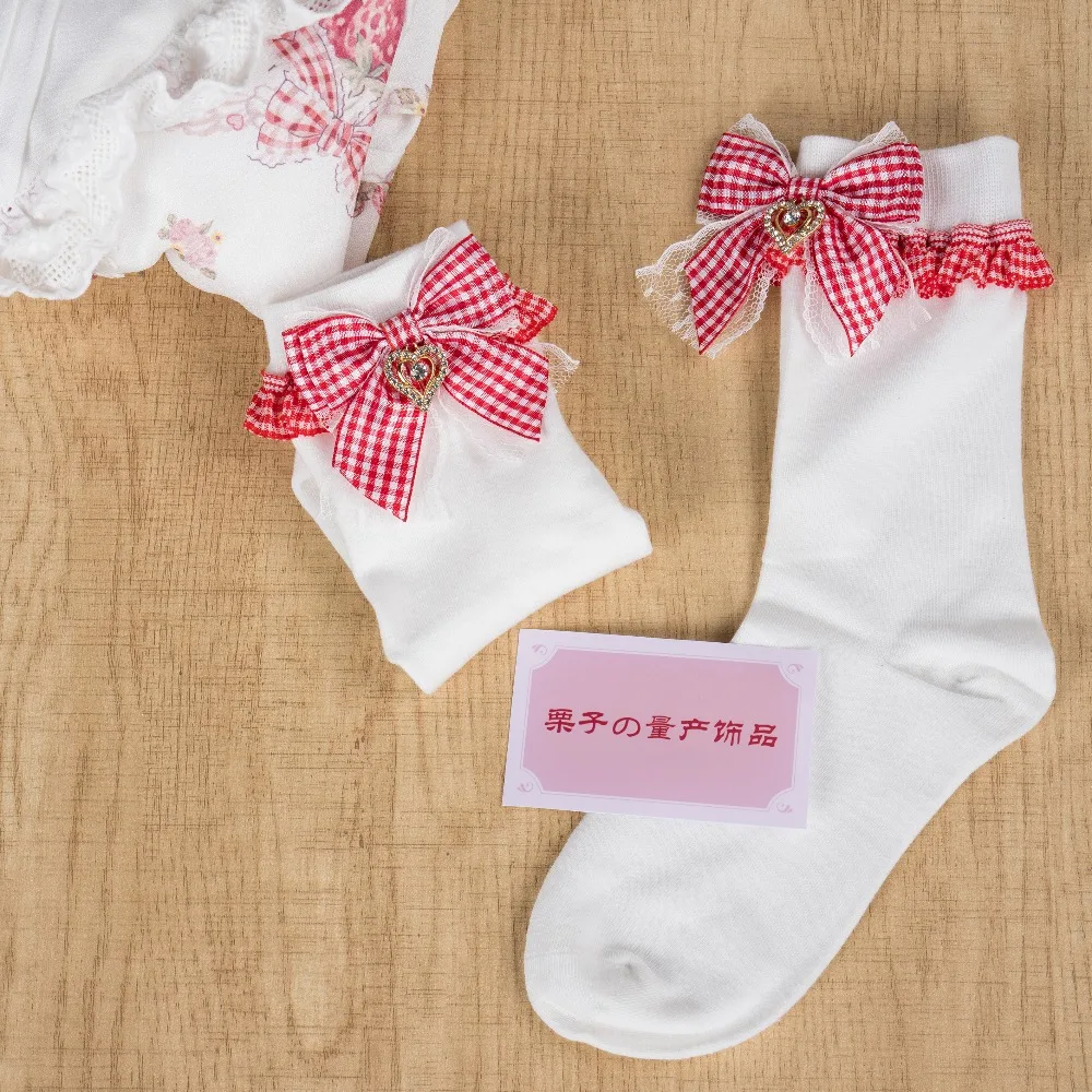 

Strawberry Plaid Lace Socks Cotton Calf Socks Japanese Lolita Girl Cute Bow Socks