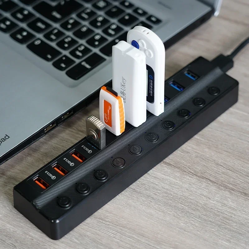 Imagem -02 - Hub Alimentado Divisor de Extensão Usb de Alta Velocidade com Adaptador de Alimentação Suporte qc 3.0 Carregamento Usb Mais Rápido Acessórios para Computador Portátil Usb3.0