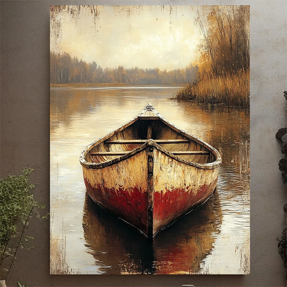 (No frame)1pc Rustic Boat on Lakeshore Wall Art Canvas Print/12x16inch/Olden Canoe Design/Peaceful Nature Scene/Beach House D