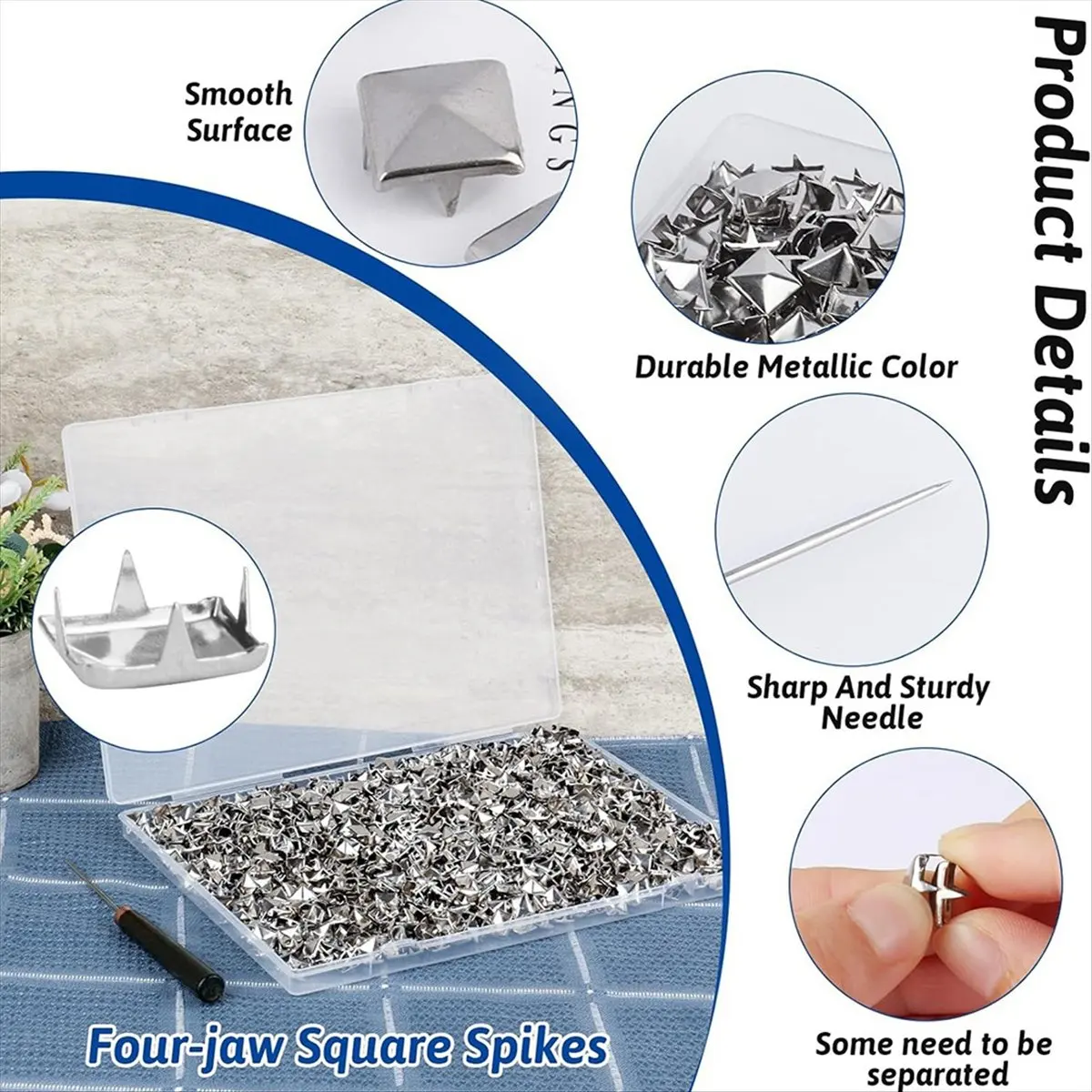 STOCK-1300PCS 10 mm Silver Pyramid Studs for Clothing, Four-Jaw Square Metal Studs for Crafts,Spike Studs for Leather Crafting