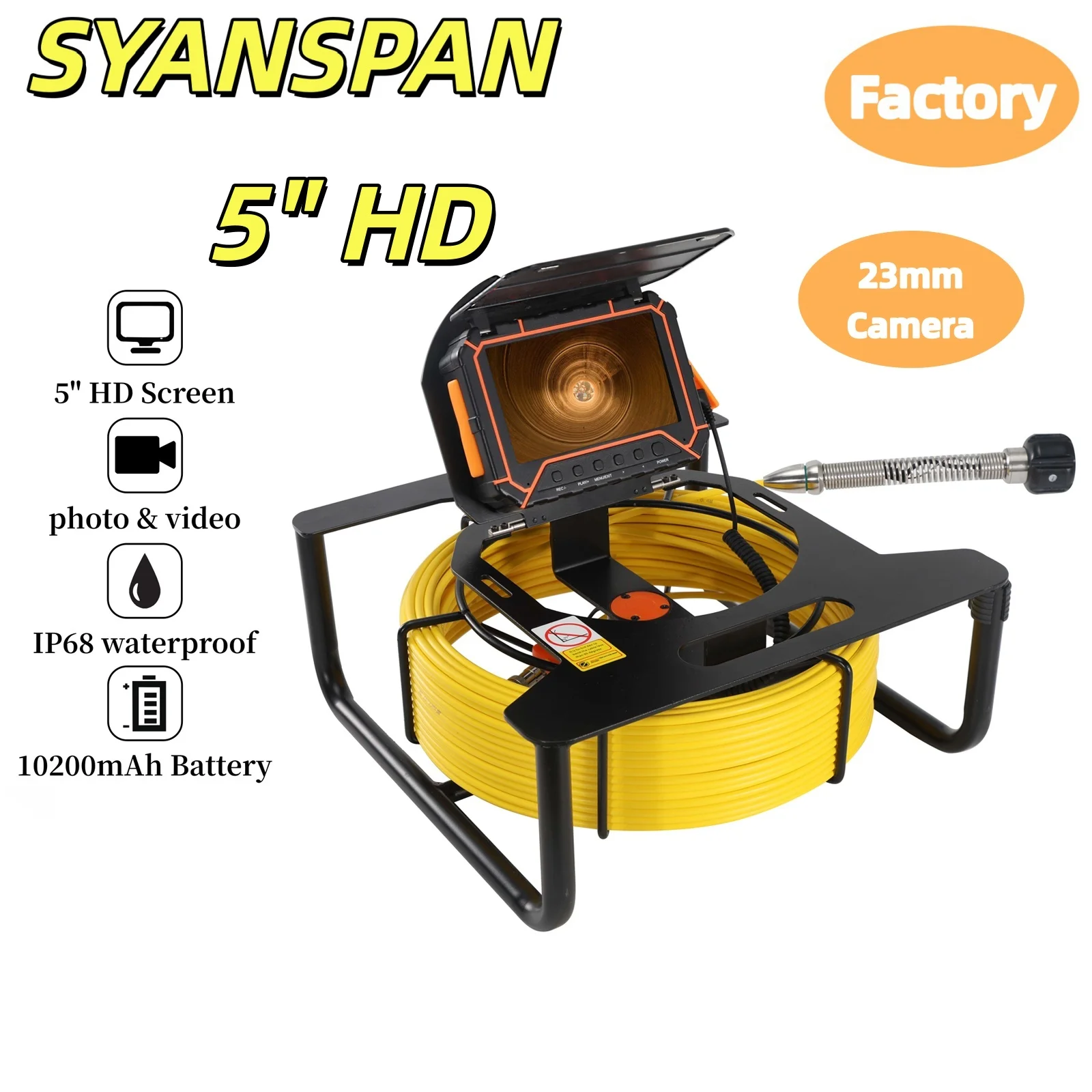 Sewer Pipeline Inspection Camera 5 "High-Definition Screen 512HZ Wireless Transmission 16GB DVR IP68 Waterproof Endoscope