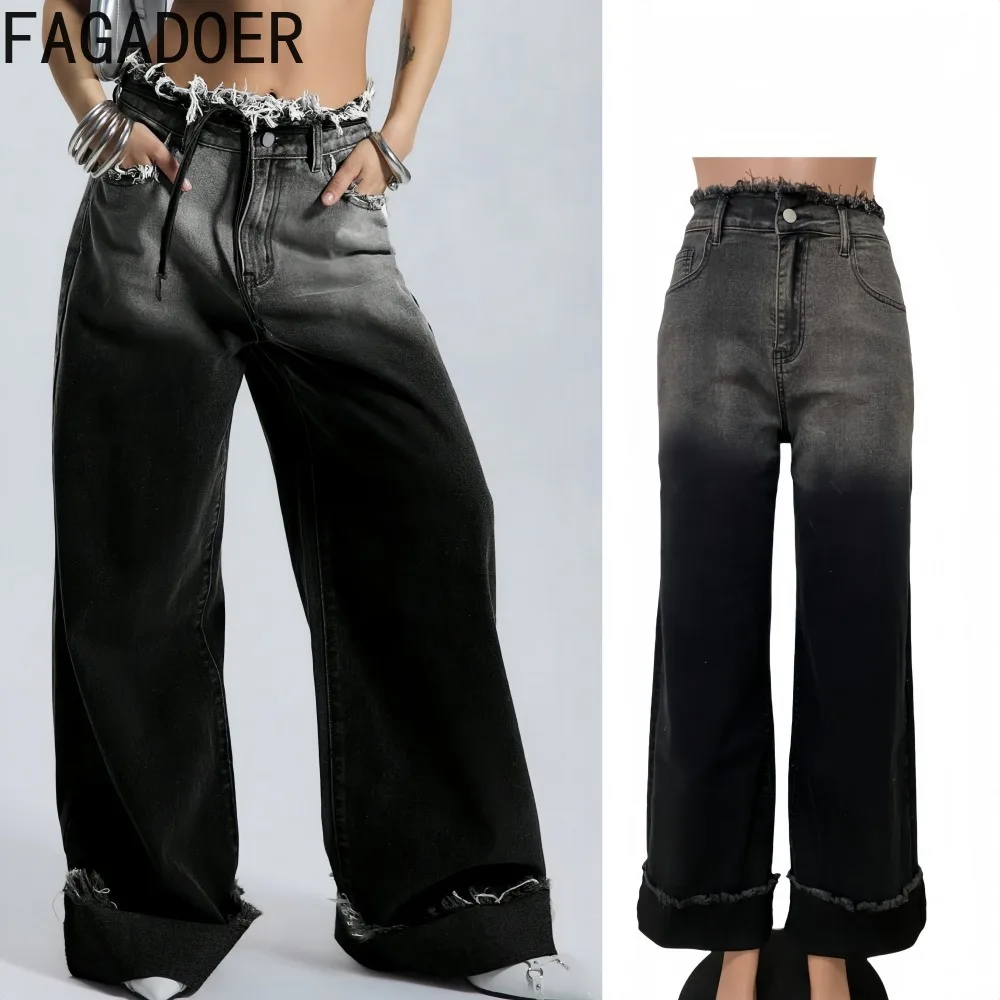 

FAGADOER Retro Fashion Gradient Tassel Patchwork Denim Pants Women Wash High Waist Straight Leg Pants Female Streetwear Bottoms