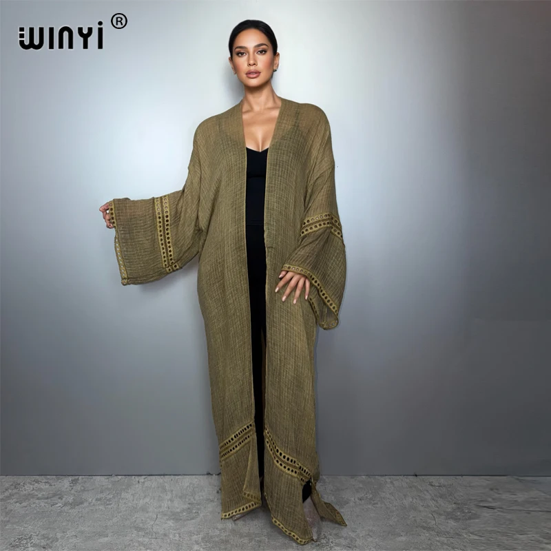 

WINYI Monochrome embroidered cardigan Middle East abaya dubai luxury holiday party dress muslim woman fashion open front Caftan