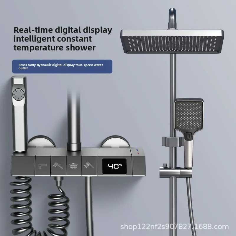 All Brass Shower Set Thermostatic Gunmetal Light Boost Pressure Push Button Display Shower Head Sets Bathroom Shower Head Sets