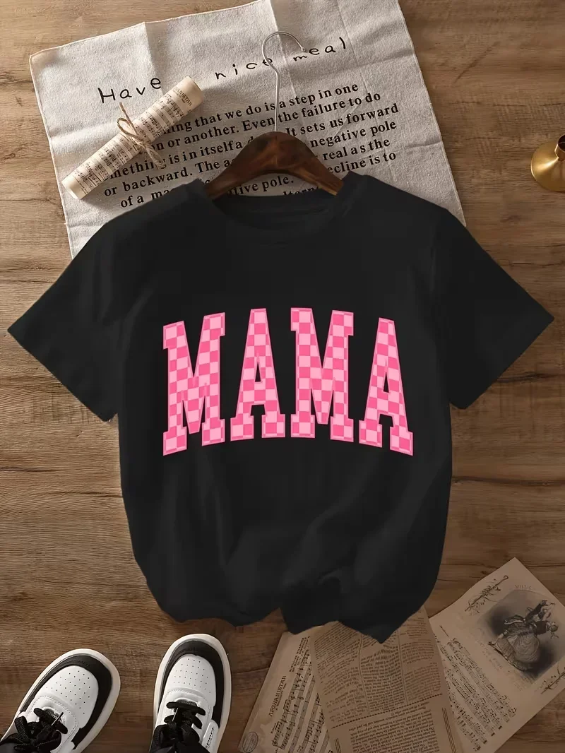 

ink Plaid Mama Graphic Print Short Sleeve T Shirt Unisex Summer Casual Loose Oversize Daily Streetwear Spring Round Neck