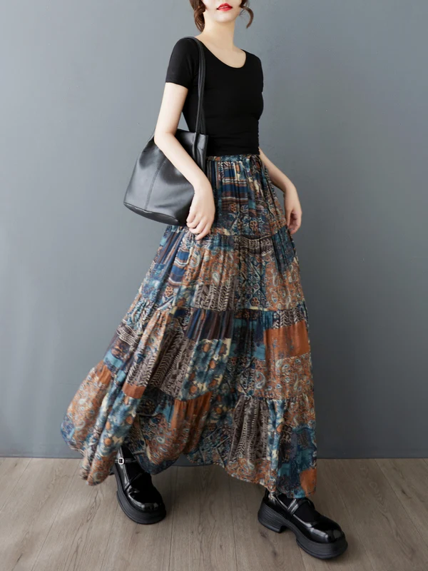 Ele مجردة طباعة الحرير f تنورة ألف خط ماكسي الصيف خمر حجم كبير المرأة Faion التخسيس عالية الخصر تنورة طويلة #2