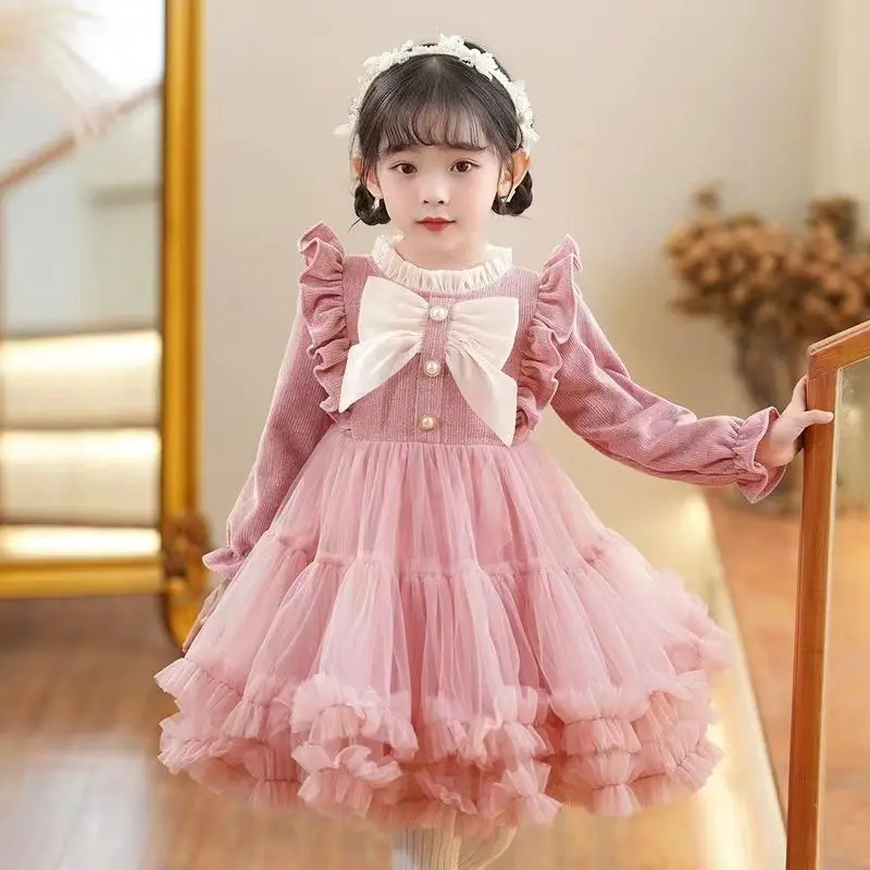 Autumn Winter Korean Harajuku Sweet Girls Princess Dress Kawaii Bow Party Dress Long Sleeve Ball Gown Solid Children\'s Clothing