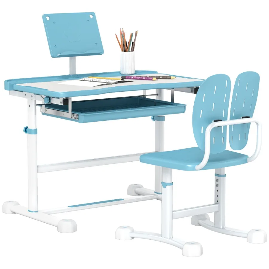 

Qaba Desk and Chair Set Height Adjustable School Study Desk and Chair Set with Tilt Desktop Storage Drawer Book Stand for Writi