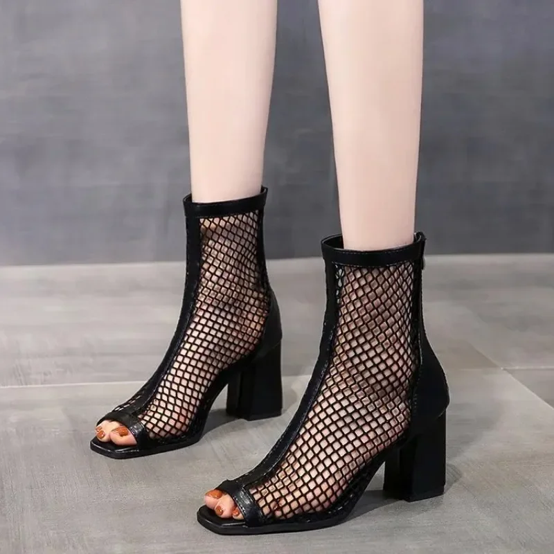 Thick Heel Sandals Mesh Cool Boots Women 2023 Summer New Thin Short Boots High Heels Hollow Mesh Boots Women High Heels