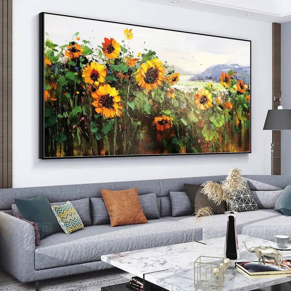 Large Handmade Yellow Sunflower Landscape Oil Painting Blossom Sunflower Painting Modern Textured Floral Painting Wall Art Decor