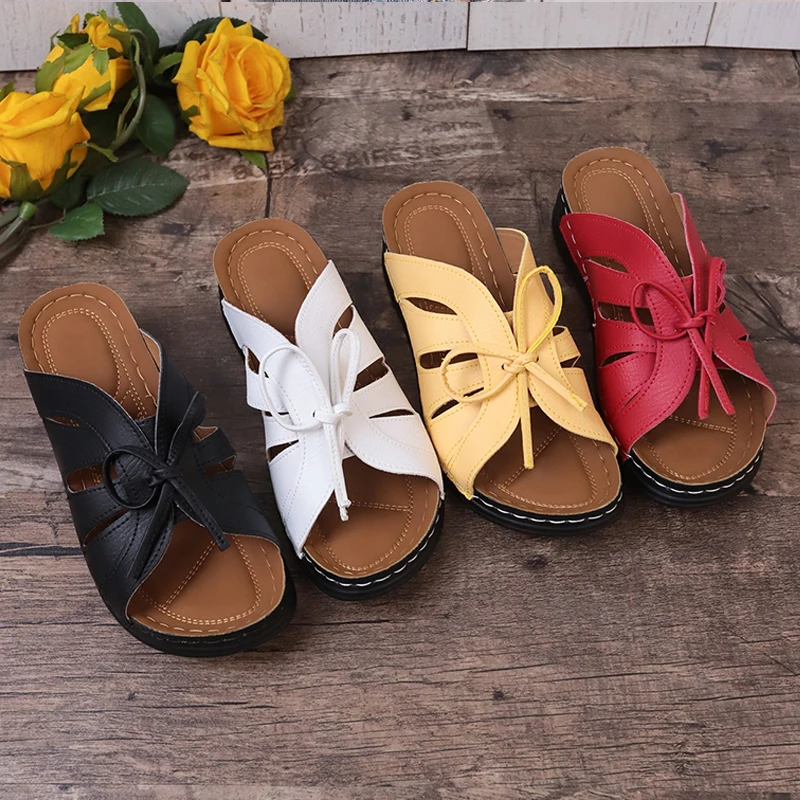 Butterfly Wing Design Mule Sandals Woman Fashion Bowtie Wedge Slides Ladies Retro  Comfy Outdoor Platform Slipper Shoes