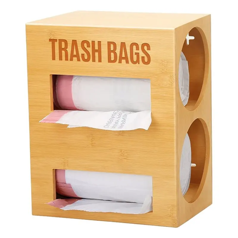 

ABBO-Bamboo Trash Bag Dispenser Dual Roll Capacity& Grocery Bag Holder, Fits 13-33 Gallon Rolls, Wall Mount Or Free Standing
