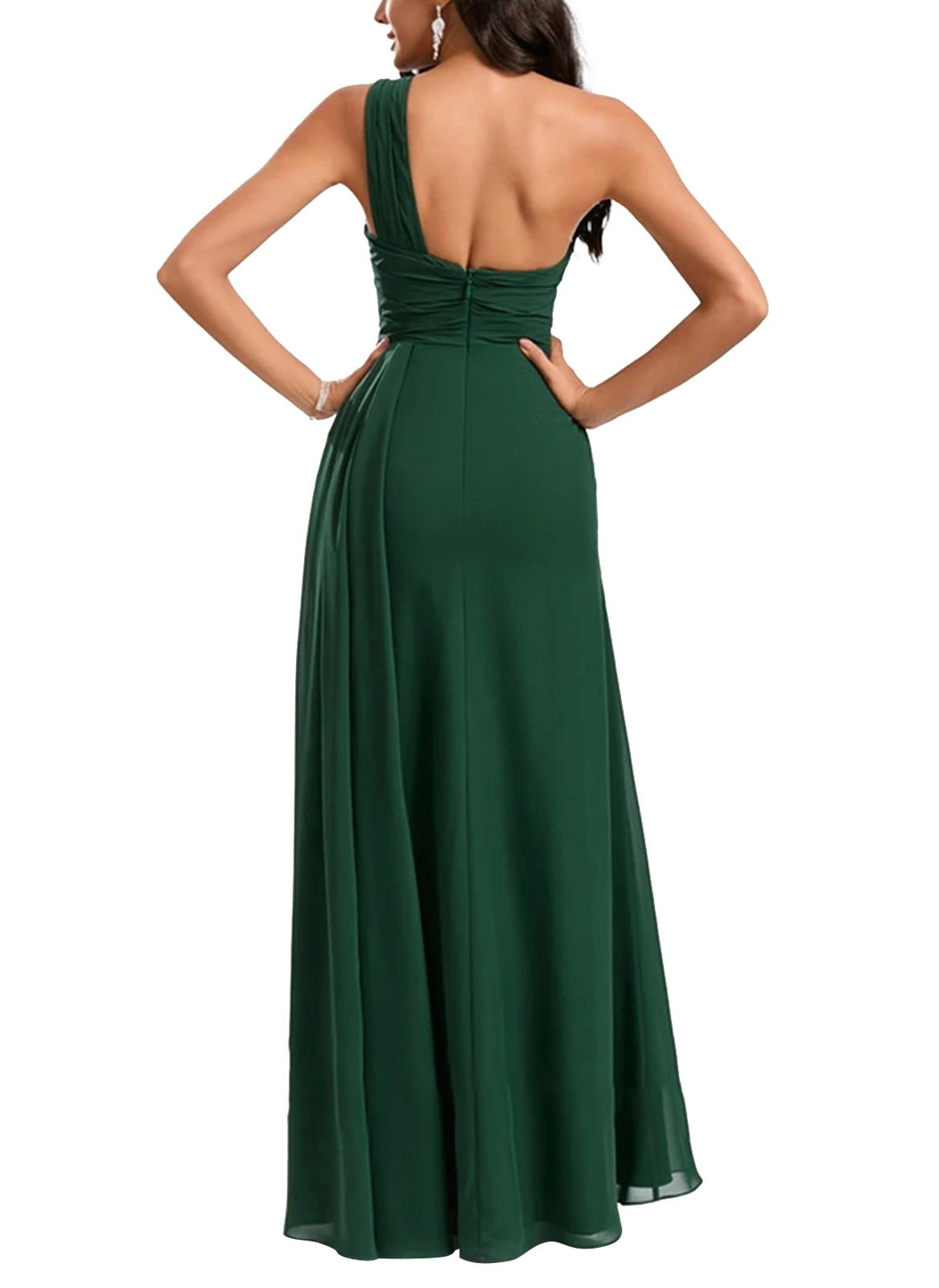 Chiffon One Shoulder A-line Bridesmaid Dress Solid Pleated High Slit Party Dress for Wedding Backless Floor-Length Evening Gowns