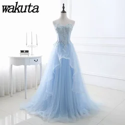 Wakuta-Sky Blue Bra Vestido de Noite, Sem Mangas, Slim Fit, Graduation Ball, Party Performance, Temperamento, Reunião Anual, Vestido