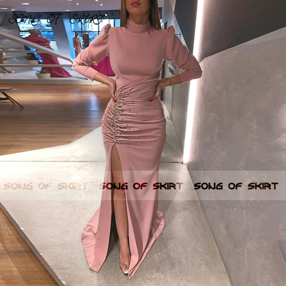 

Long Sleeves Mermaid Evening Dresses High Neck Pink Birthday Party Gowns Crystal Split Dress Robe De Soirée Femme