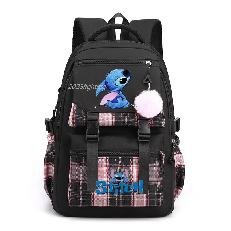 Lilo & Stitch-mochila a cuadros con múltiples bolsillos para hombre y mujer, bolso escolar ligero para ordenador portátil, con dibujos animados,