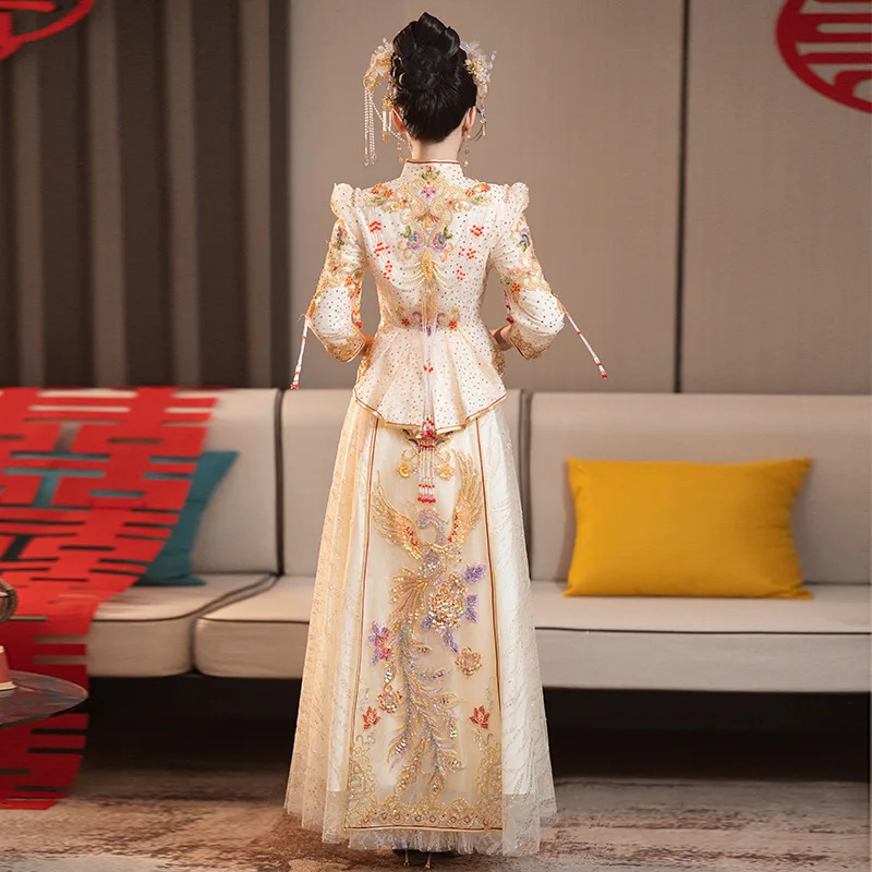 Luxurious White Xiuhe Clothing 2024 New Bride Chinese Cheongsam Wedding Dress Summer Evening Gown Robe костюм для восточных