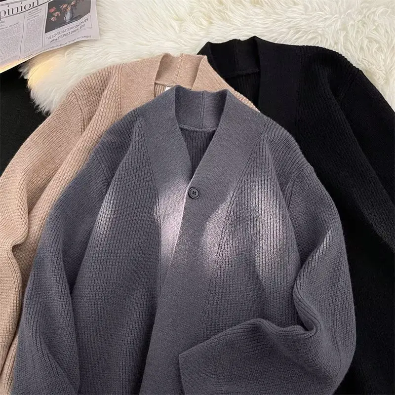 

Мужской вязаный кардиган свободного кроя с V-образным вырезом, модный повседневный, из полиэфирного волокна, длинный рукав, осенне-зимняя верхняя одежда