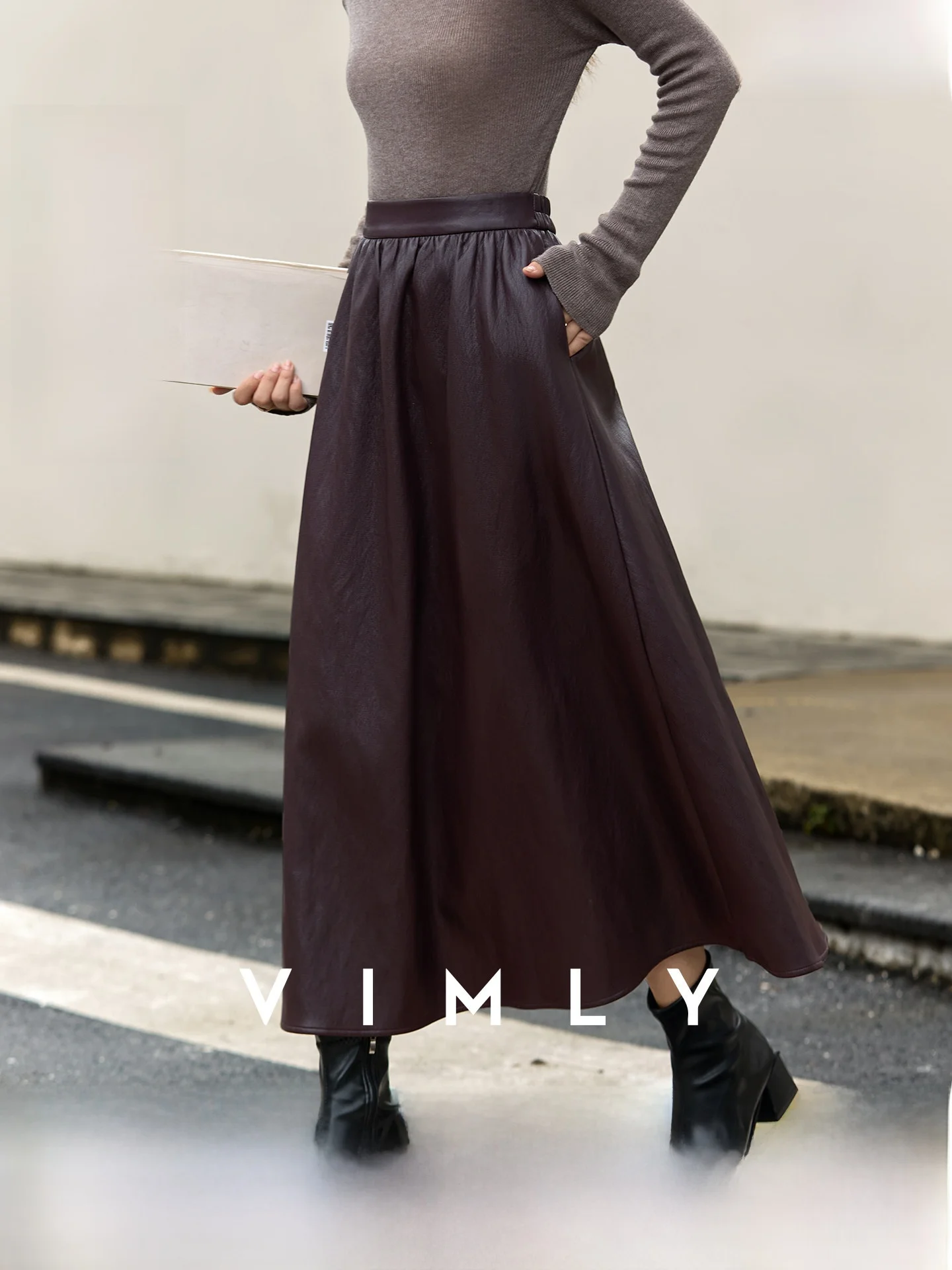 

Ele A-Line Long Leather Skirt Women's Mid-Waist Hip Concealing Full Skirt French Sle Polyester Viscose Blend Commute Wear