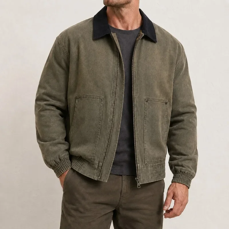Men's Workwear Jacket Full Zip Contrast Collar Large Patch Pockets Elastic Hem Cotton Long Sleeve Casual Work Jacket
